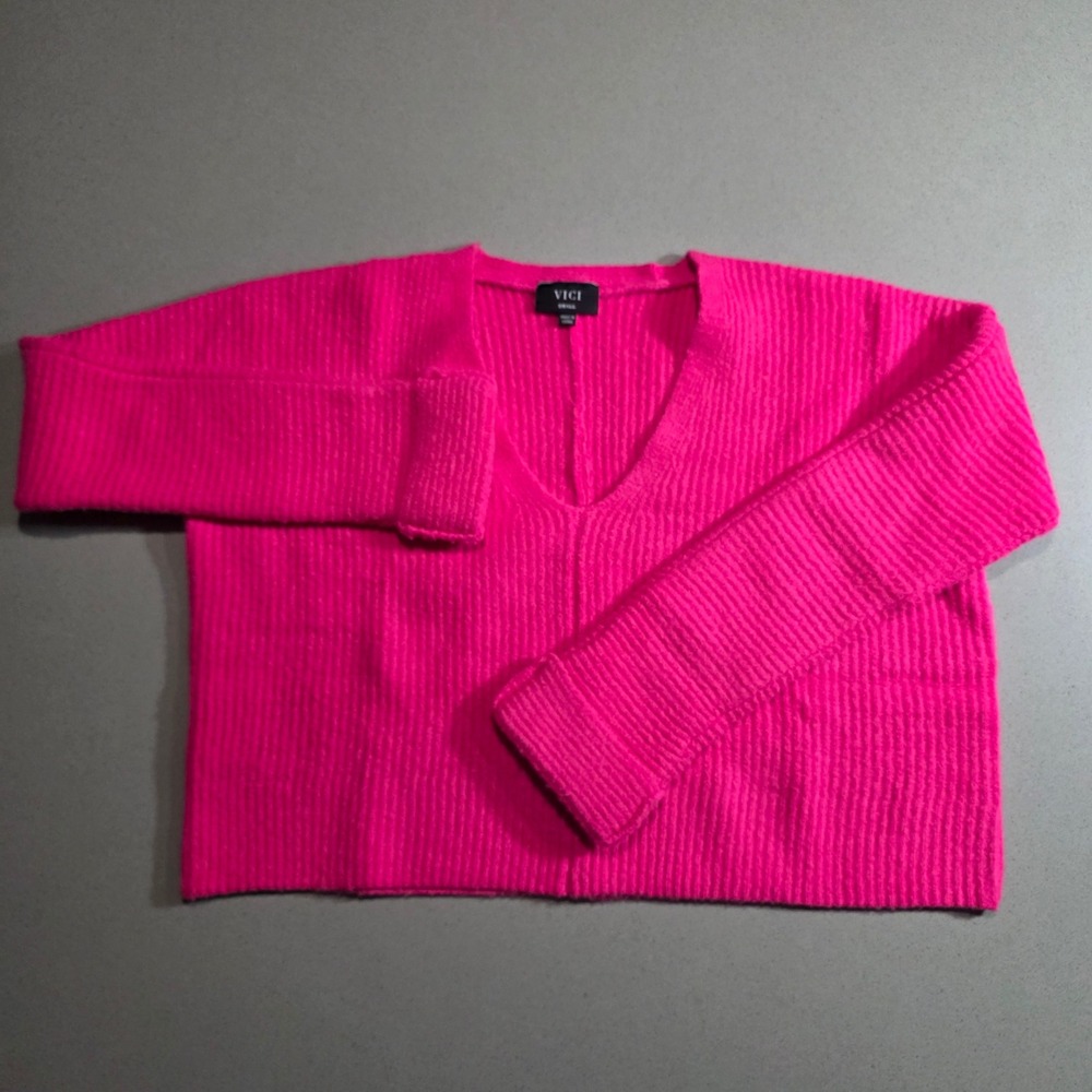 VICI Hot Pink Ribbed V-Neck Cropped Sweater Neon Knit Pullover Small F-0180